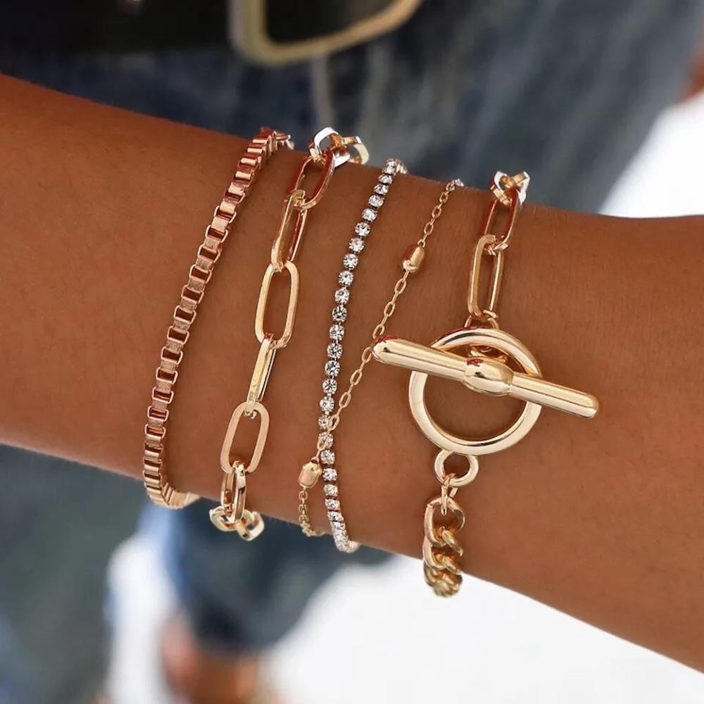 Gold Rhinestone Gold Chain Bracelets Set for Women Adjustable